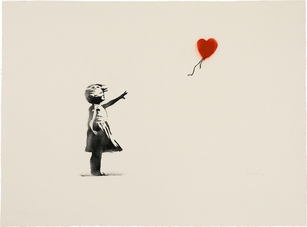 Banksy《氣球女孩 & 傻瓜們（棕色）》，2007年作 拍品 25，估價 4,500,000 - 6,500,000 港元